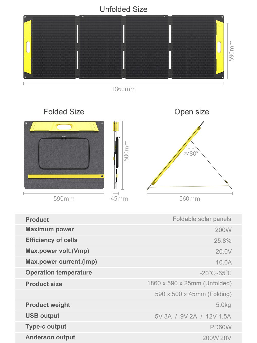 HPBC FOLD Series 200W foldable solar panel for portable power stations and camping use