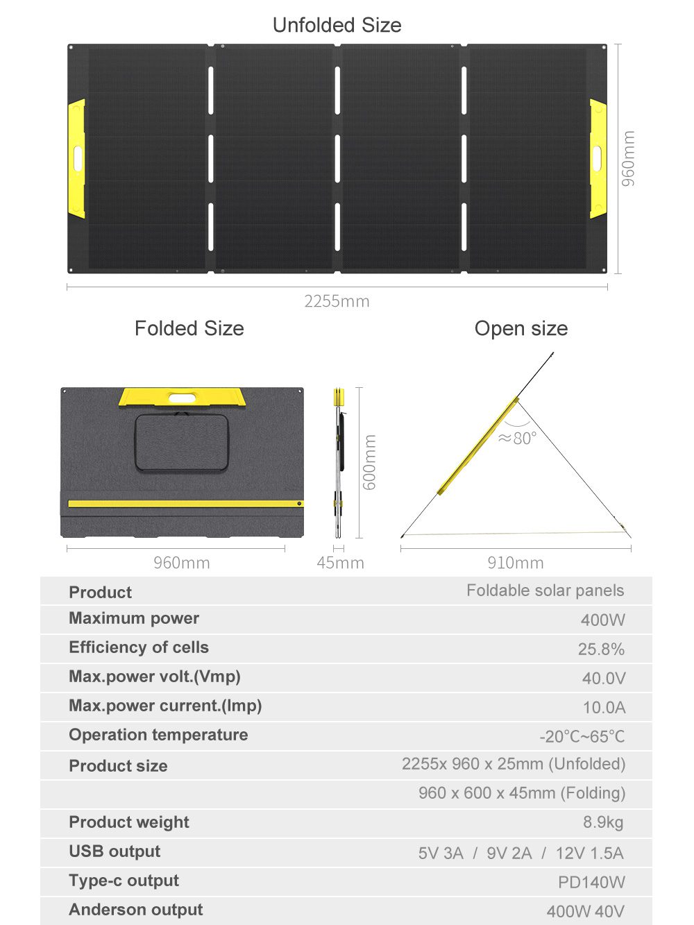 HPBC FOLD Series 400W foldable solar panel for outdoor travel and mobile power use